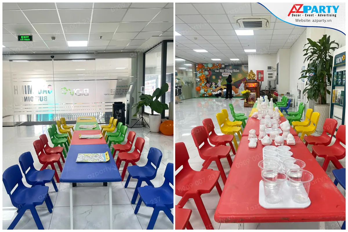 Bàn trò chơi tô màu tranh cát và bàn tô tượng thạch cao được sắp xếp gọn gàng cho các bé thiếu nhi tại văn phòng BIDV.