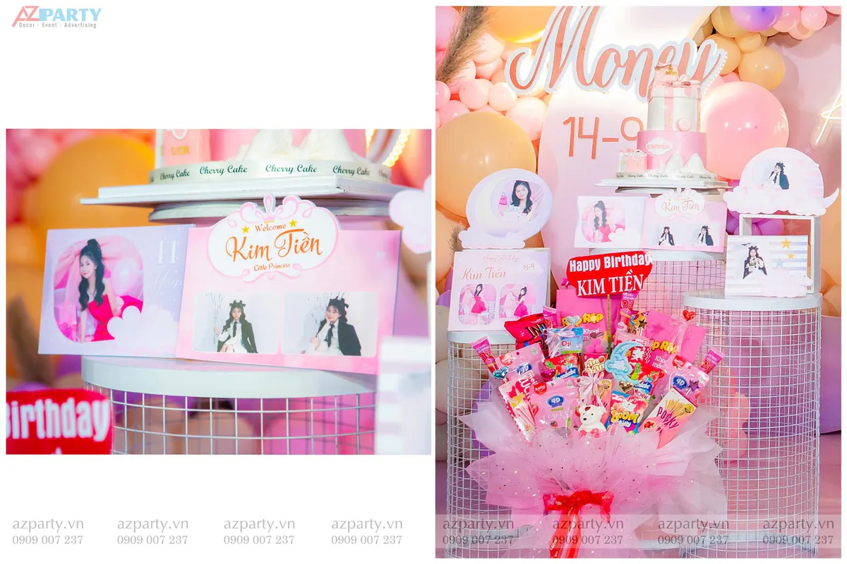 Collage khung ảnh Welcome Kim Tiền Little Princess màu hồng ngọt ngào đặt cạnh bó hoa kẹo mút khổng lồ thắt ruy băng đỏ.