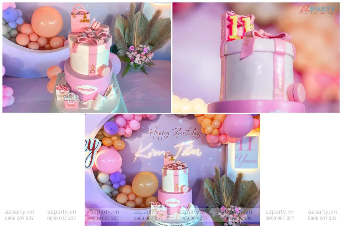 Collage chi tiết chiếc bánh sinh nhật 3 tầng phong cách Dior thời thượng được trang trí giày cao gót, túi xách nhỏ bằng đường ngọt ngào.