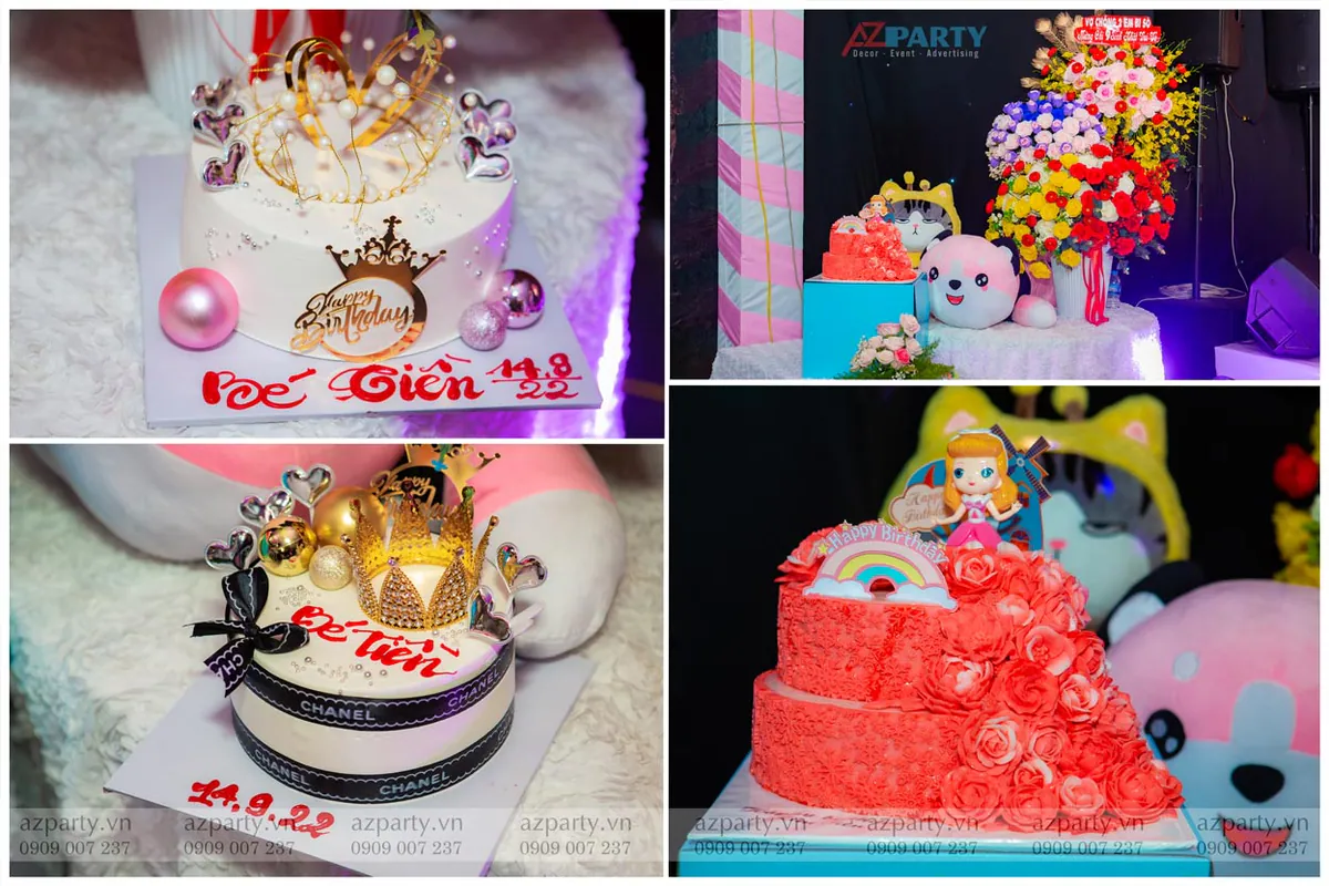 Collage 4 chiếc bánh sinh nhật độc đáo được trang trí vương miện ngọc trai, nơ Chanel và búp bê công chúa lộng lẫy.