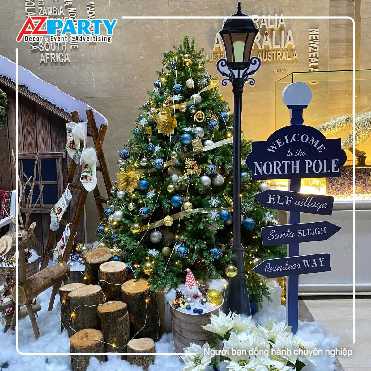 Cây thông noel decor phụ kiện châu, hoa trạng nguyên tone xanh, vàng, trắng 