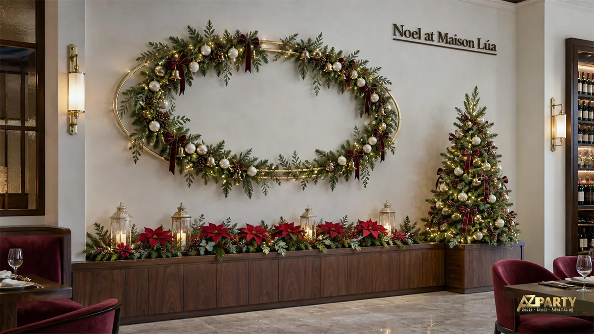 Nhà hàng phong cách cổ điển với vòng thông, đèn lồng và cây Noel