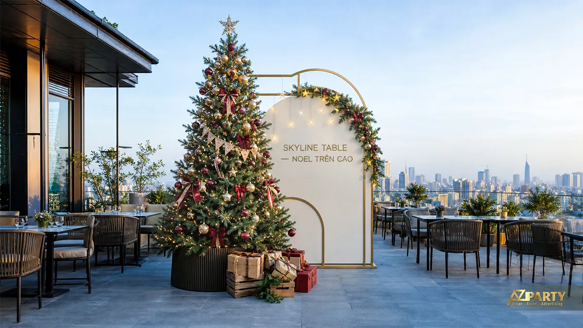 Nhà hàng sân thượng với cây thông và khung Noel nhìn ra thành phố