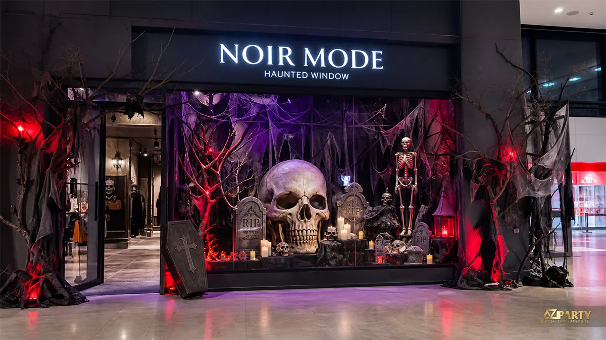 Ô cửa thời trang trang trí Halloween với đầu lâu khổng lồ, bộ xương và bia mộ