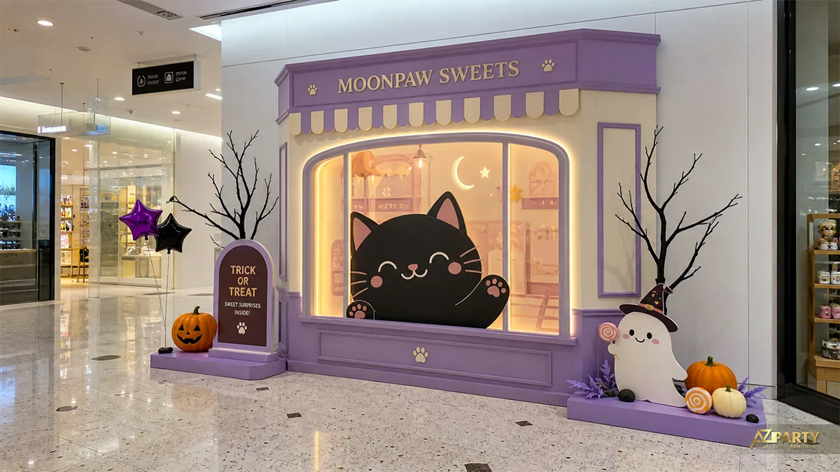Ô cửa tiệm kẹo Halloween với mèo đen khổng lồ, ma đội nón và bí ngô