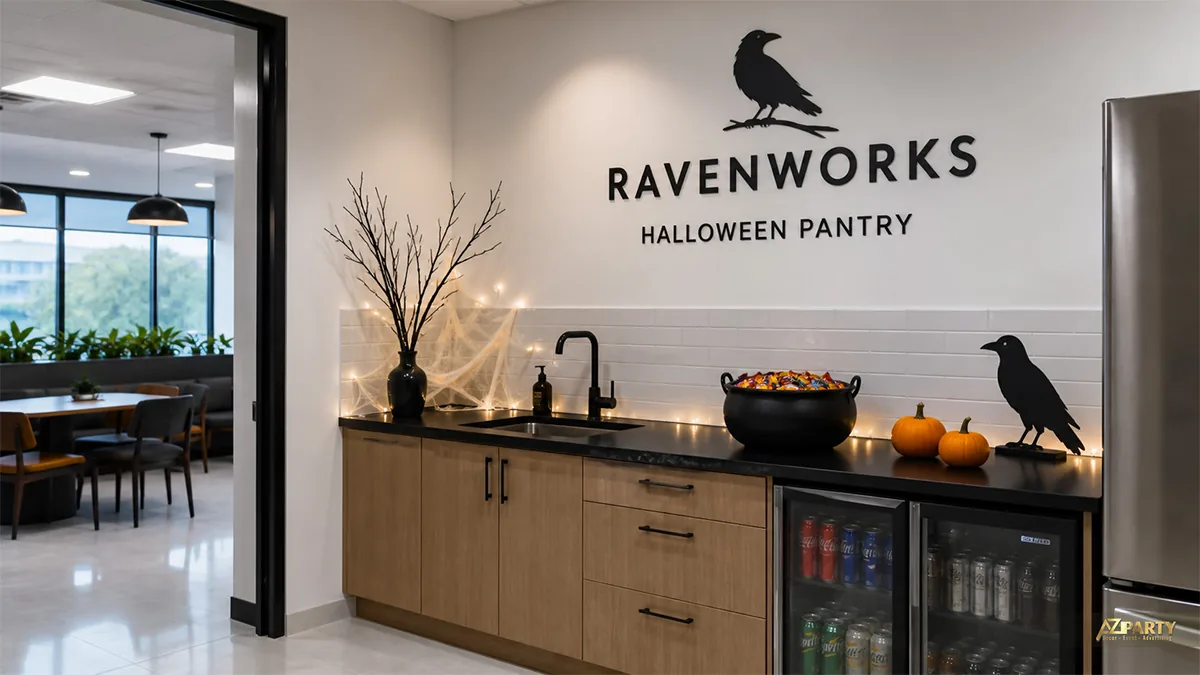 Pantry văn phòng Halloween với nồi kẹo, quạ đen và mạng nhện