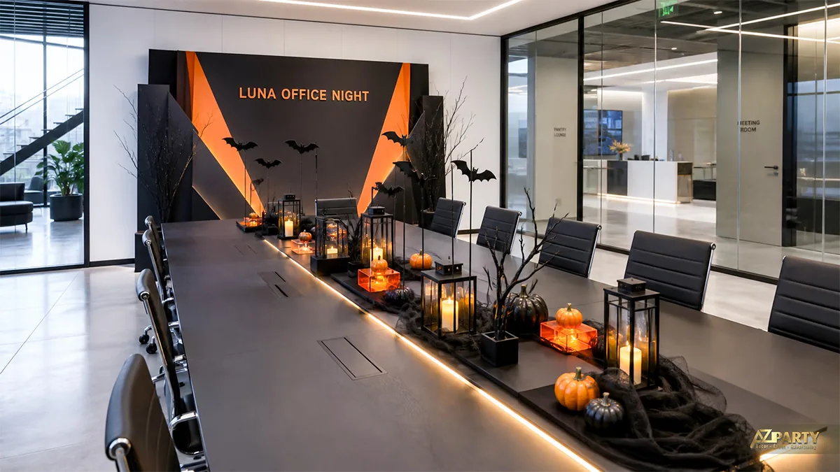 Phòng họp Halloween với bàn dài, đèn lồng, bí ngô cam đen và backdrop hình học