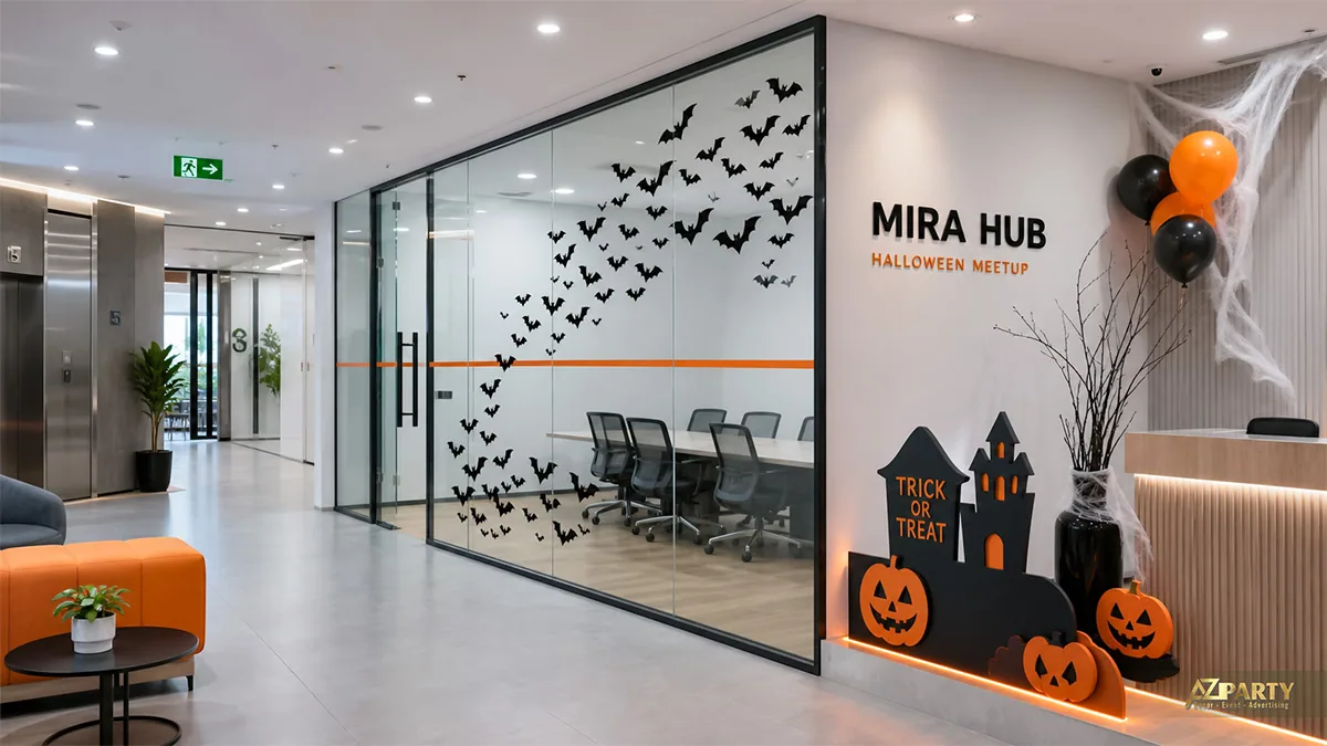 Phòng họp kính trang trí đàn dơi cùng cụm bí ngô, mạng nhện và bảng Trick or Treat