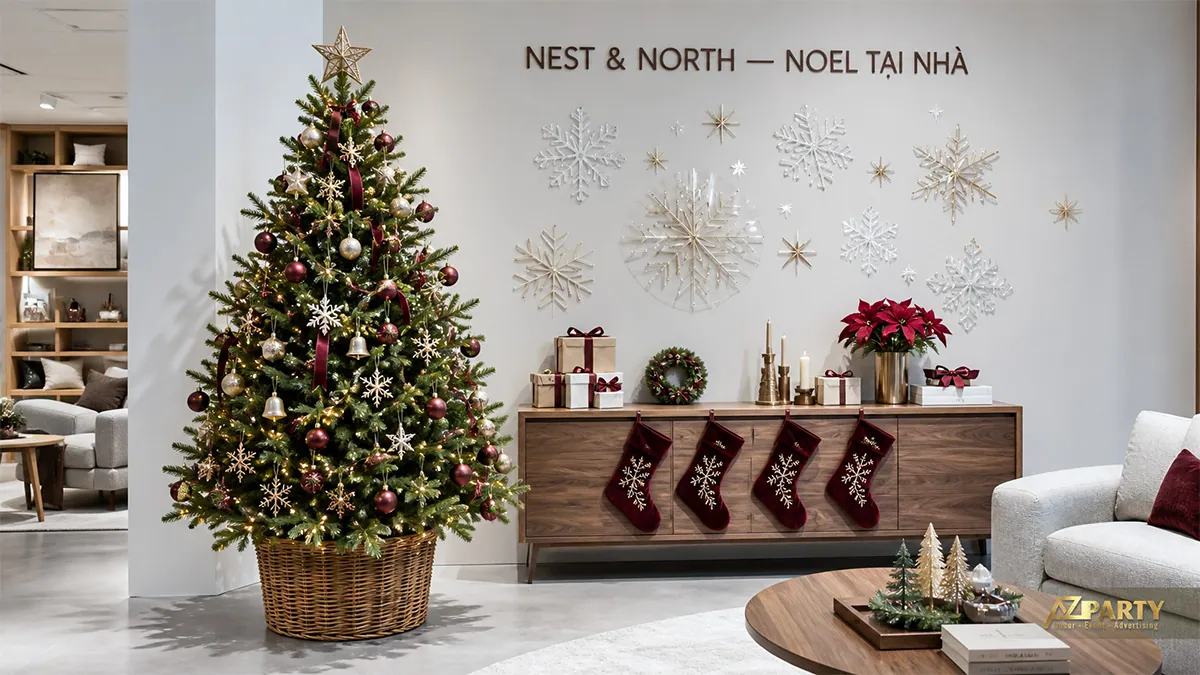 Phòng khách showroom với cây thông, bông tuyết treo tường và tất Noel