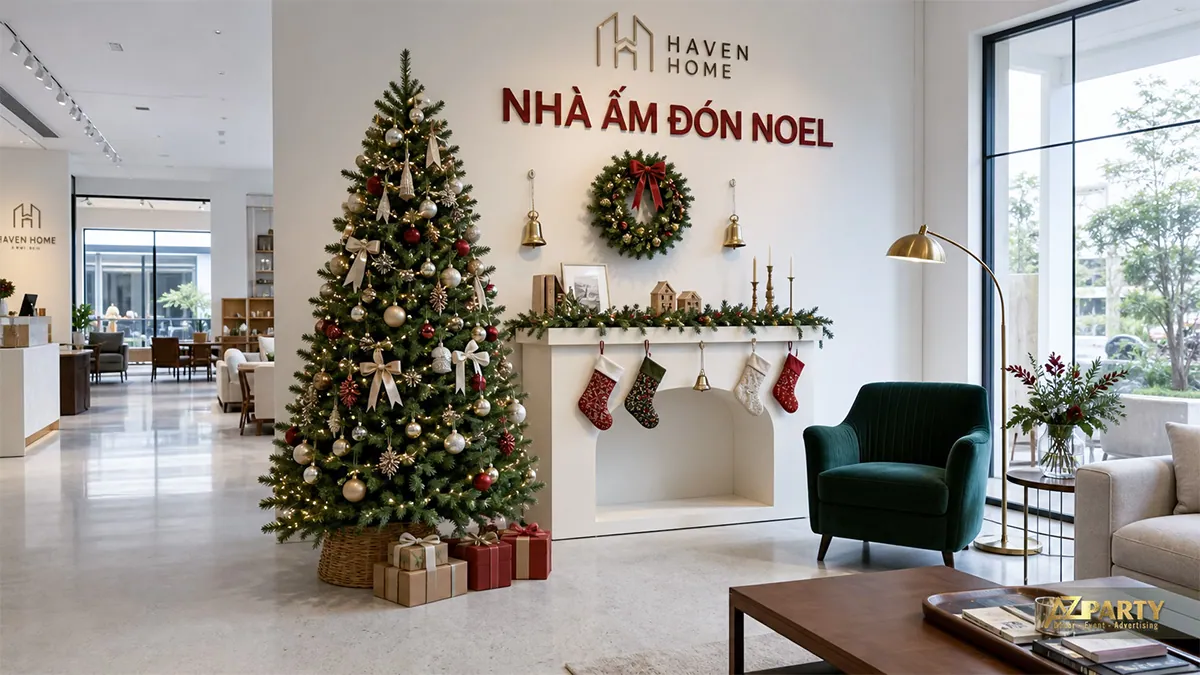 Phòng khách showroom với cây thông, lò sưởi và quà Giáng sinh