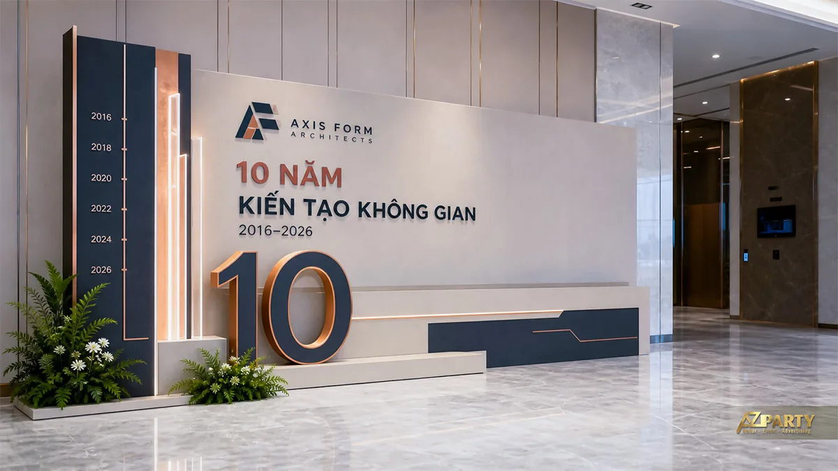 Khu chụp ảnh 10 năm Axis Form với timeline dọc và mảng kiến trúc tối giản