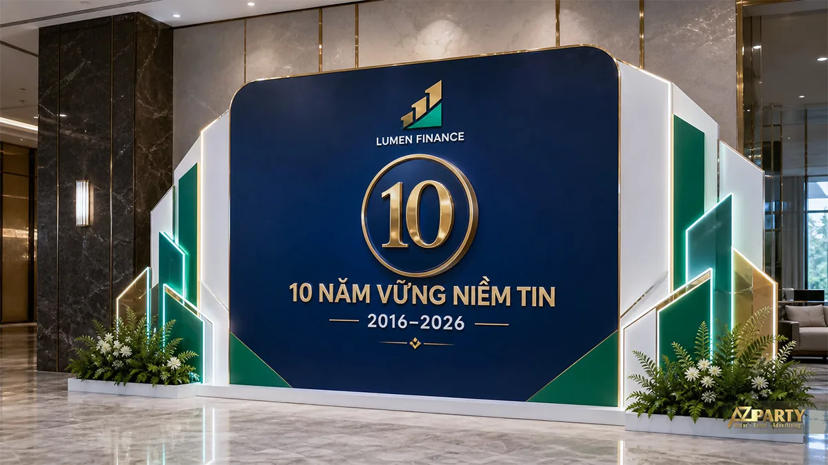 Photobooth 10 năm Lumen Finance phối xanh navy và xanh ngọc