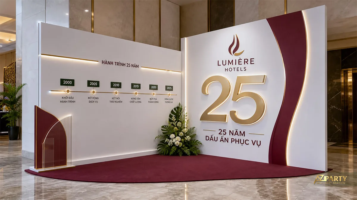 Khu check-in 25 năm Lumière Hotels với timeline và gam đỏ rượu