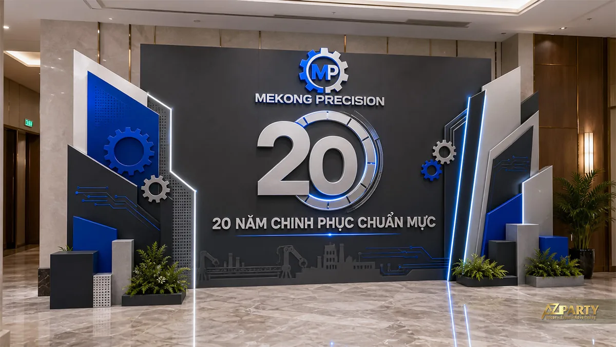 Khu check-in 20 năm Mekong Precision với bánh răng và khối kim loại
