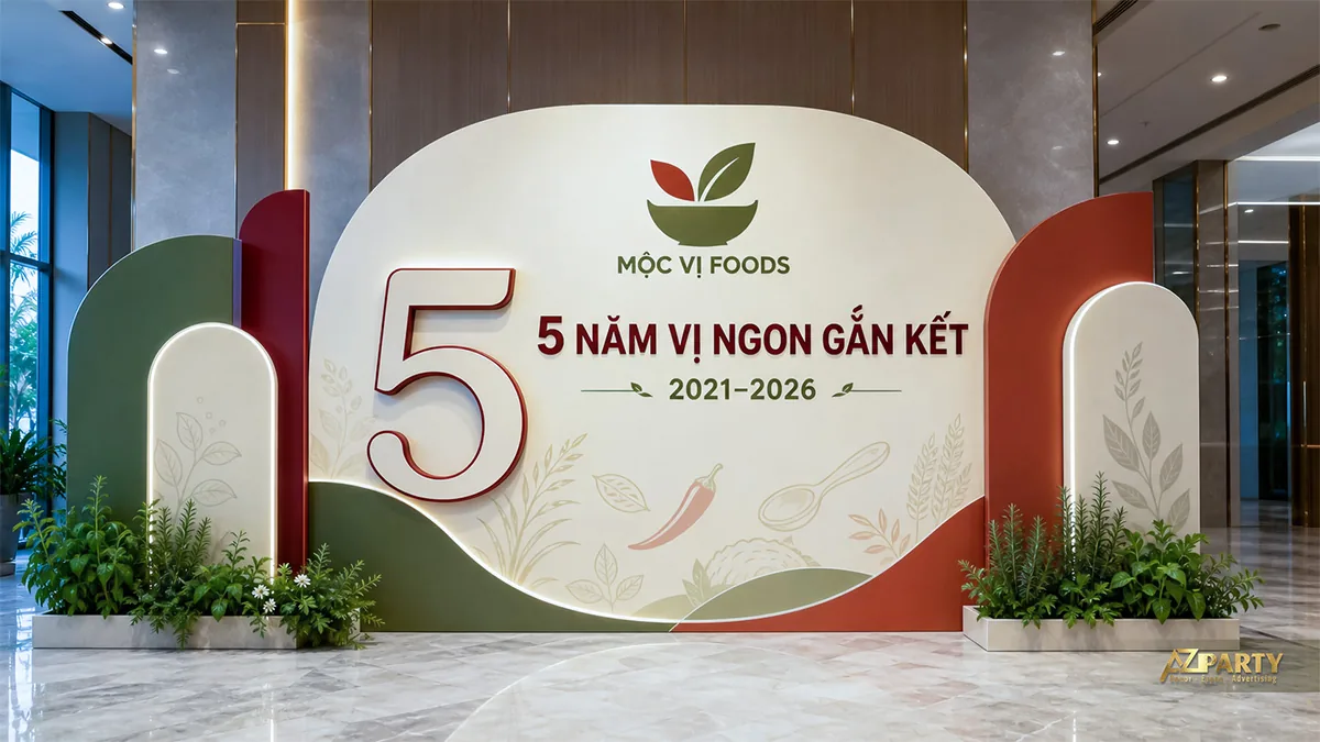 Khu check-in 5 năm Mộc Vị Foods tông xanh đất nung gần gũi