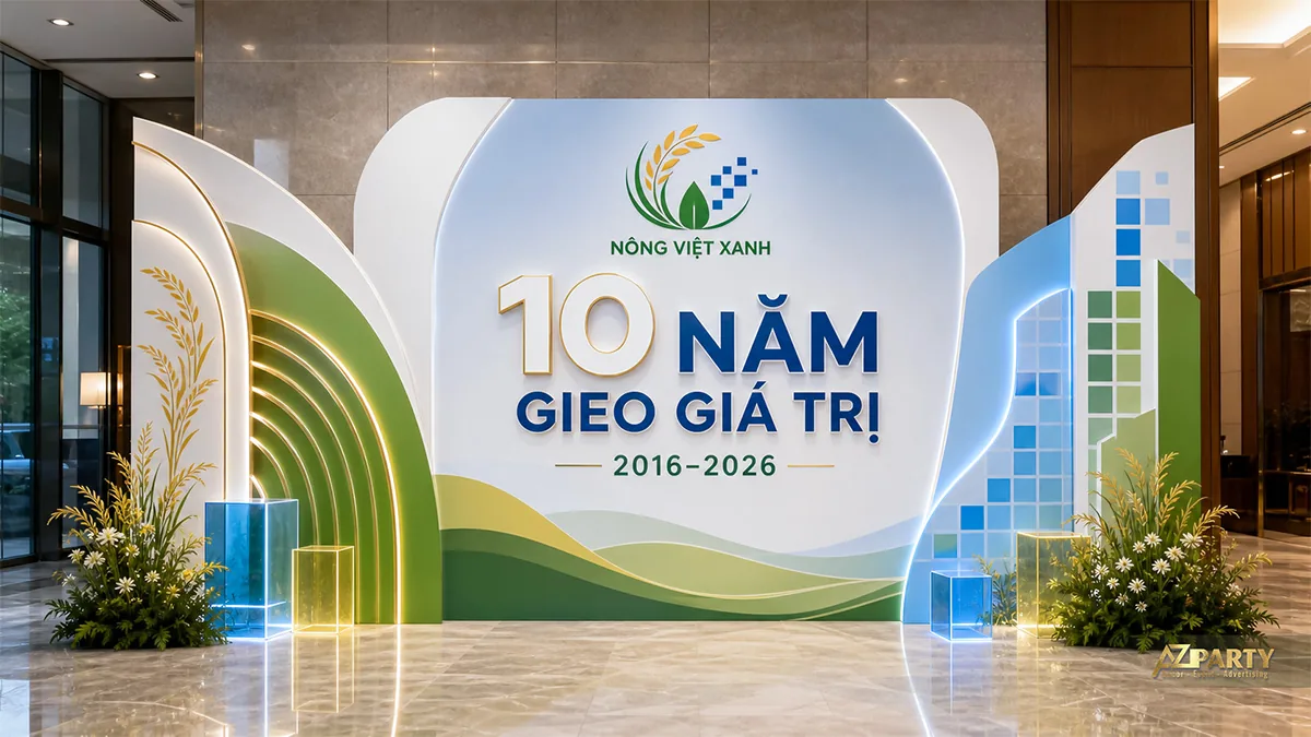 Khu chụp ảnh 10 năm Nông Việt Xanh phối xanh lá và hình bông lúa