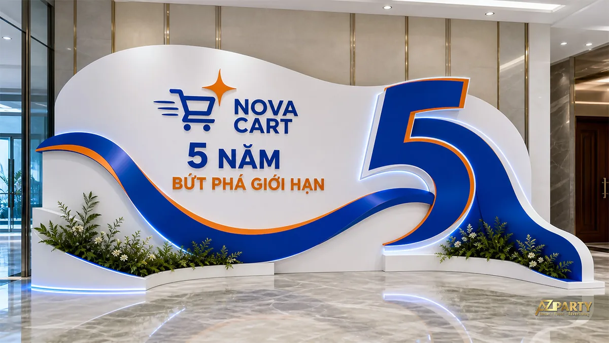 Photobooth 5 năm Nova Cart với đường lượn xanh cam và số 5 lớn