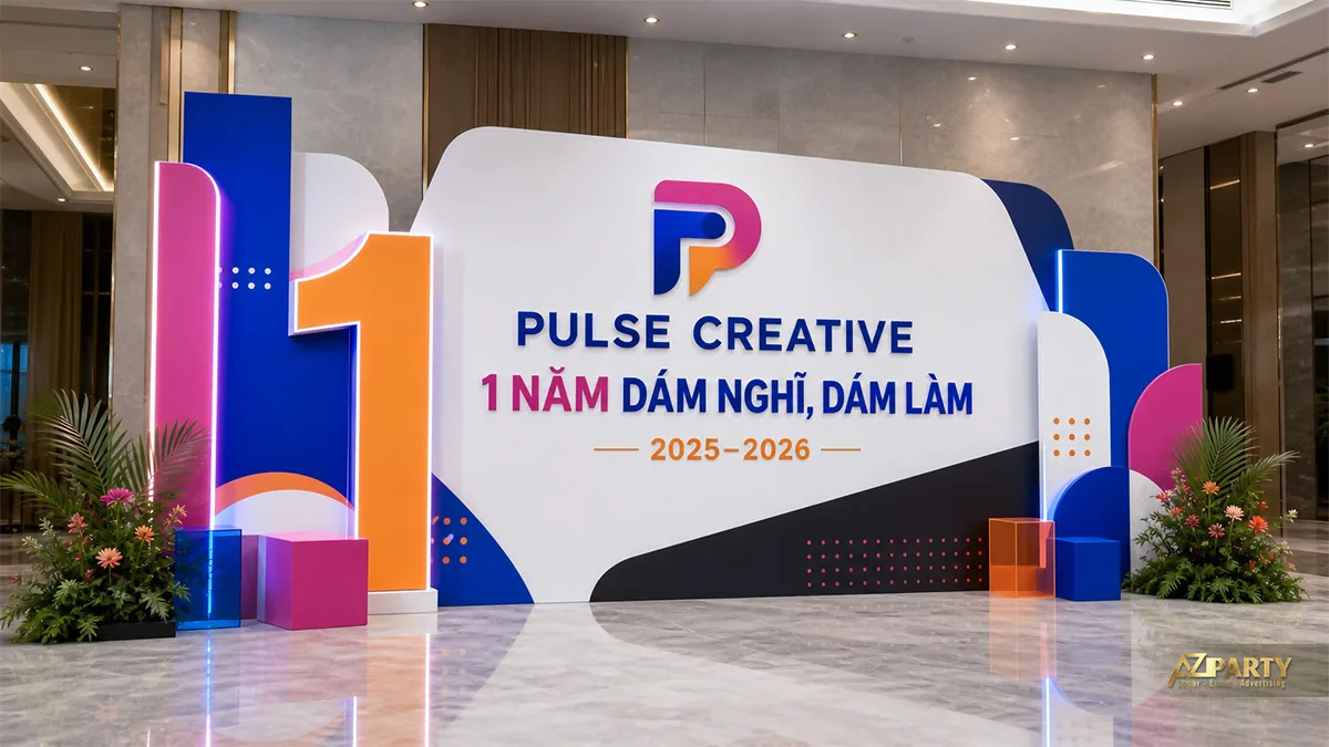 Photobooth 1 năm Pulse Creative với các khối màu xanh hồng cam