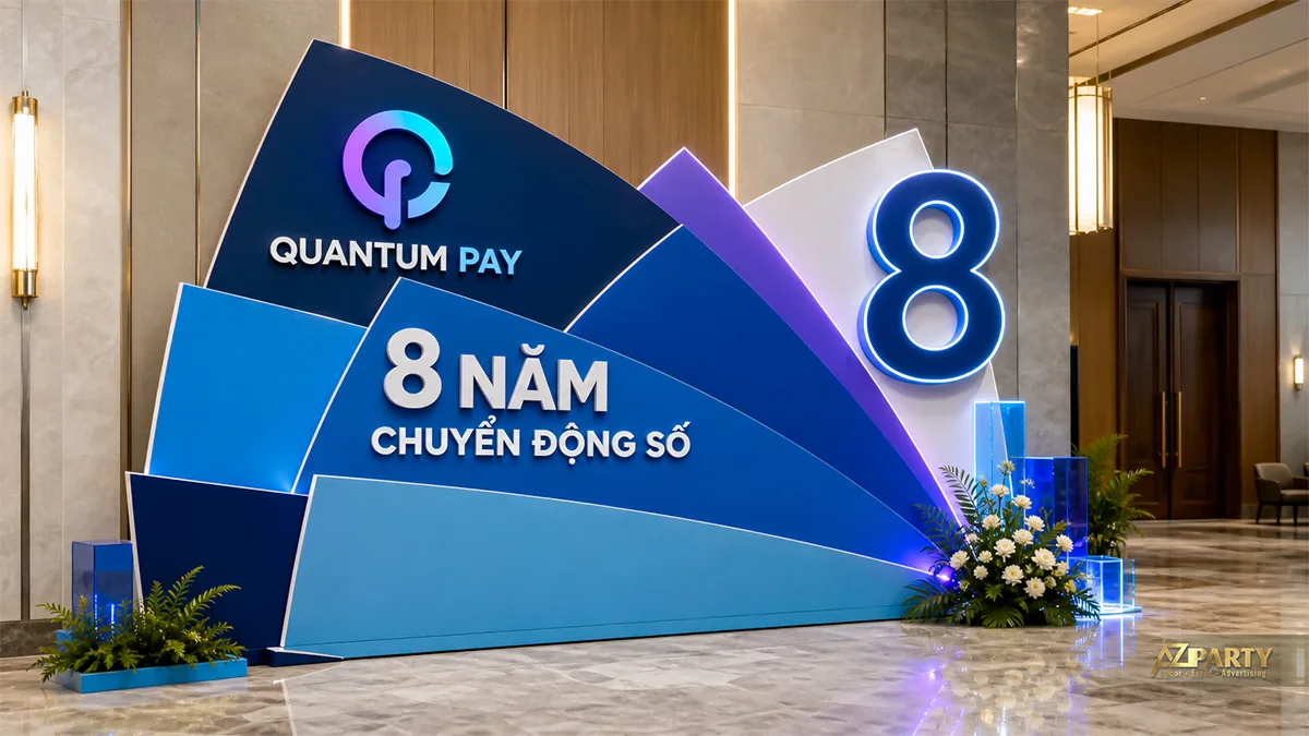 Photobooth 8 năm Quantum Pay với các lớp cánh quạt xanh tím