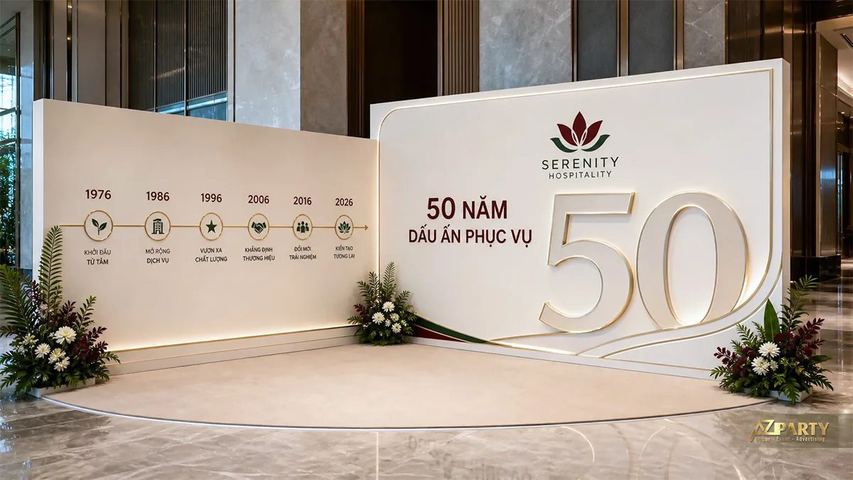 Khu check-in 50 năm Serenity Hospitality có timeline hành trình phát triển