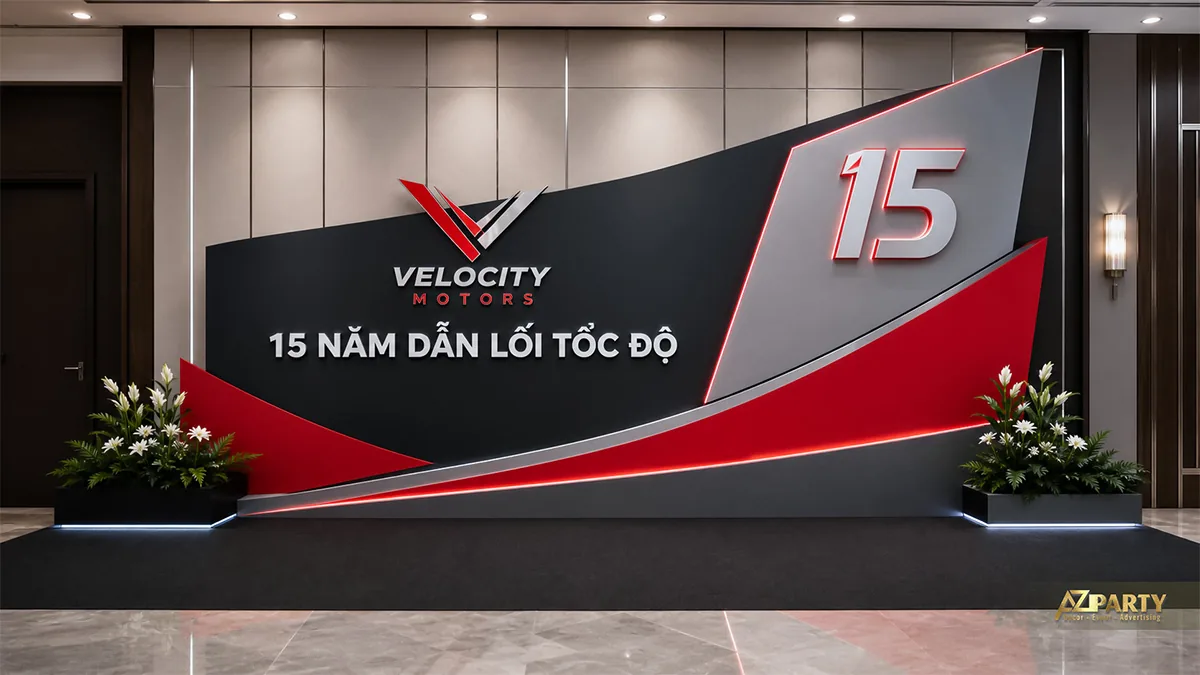 Photobooth 15 năm Velocity Motors với các mảng xéo đen đỏ mạnh mẽ
