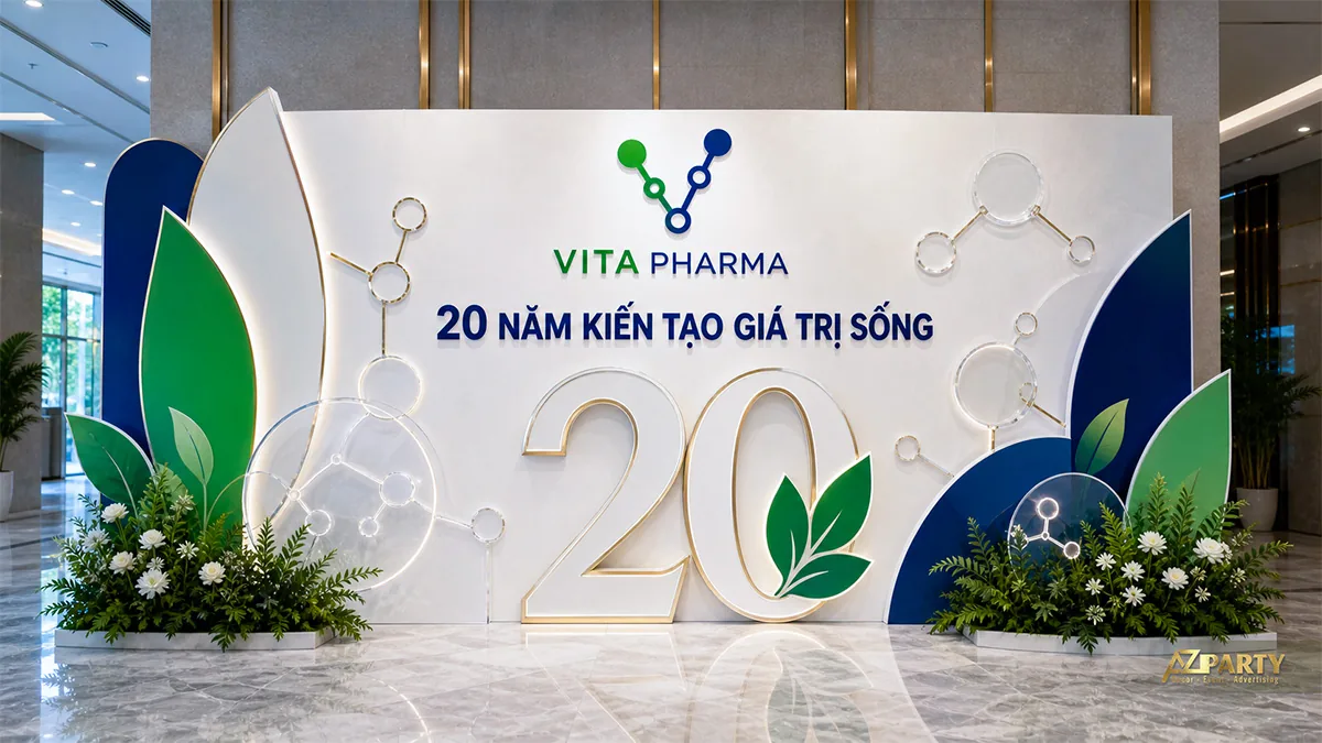 Photobooth 20 năm Vita Pharma với lá xanh và họa tiết phân tử