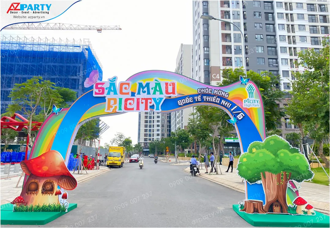 Cổng chào hơi cầu vồng khổng lồ chào mừng ngày Quốc tế Thiếu nhi 1/6 chủ đề Sắc màu Picity tại lối vào khu dân cư Picity High Park