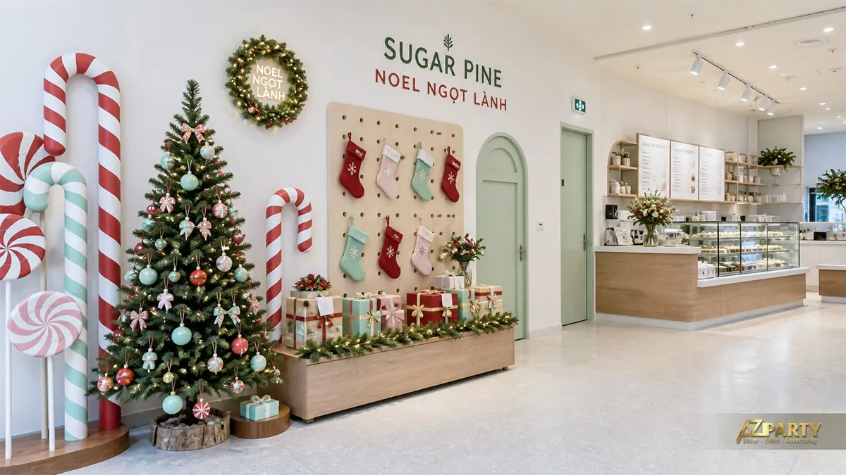 Quán cà phê pastel với cây thông xanh mint và kẹo que Noel