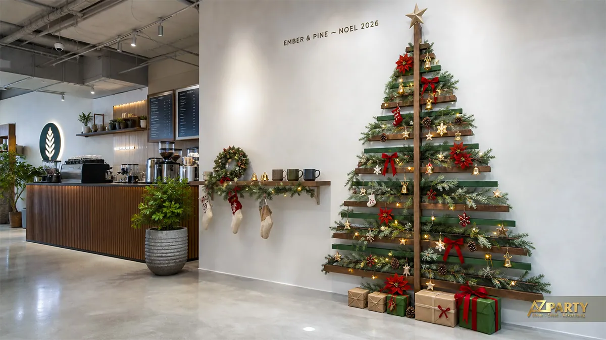Quán cà phê với cây thông pallet gỗ, vòng nguyệt quế và tất Noel