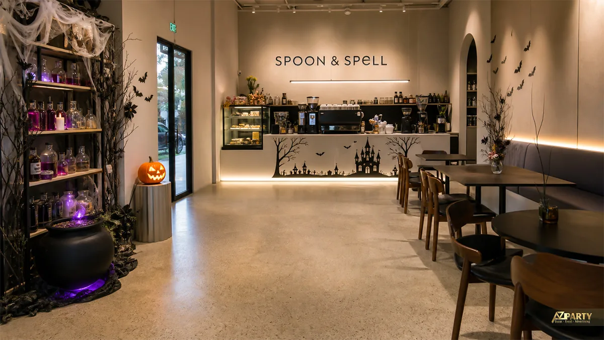 Quán cà phê Halloween với kệ lọ phép thuật, nồi đen và bí ngô phát sáng