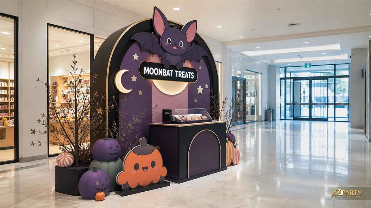 Quầy bánh Halloween hình vòm với dơi tím, ma bí ngô và cụm bí màu pastel