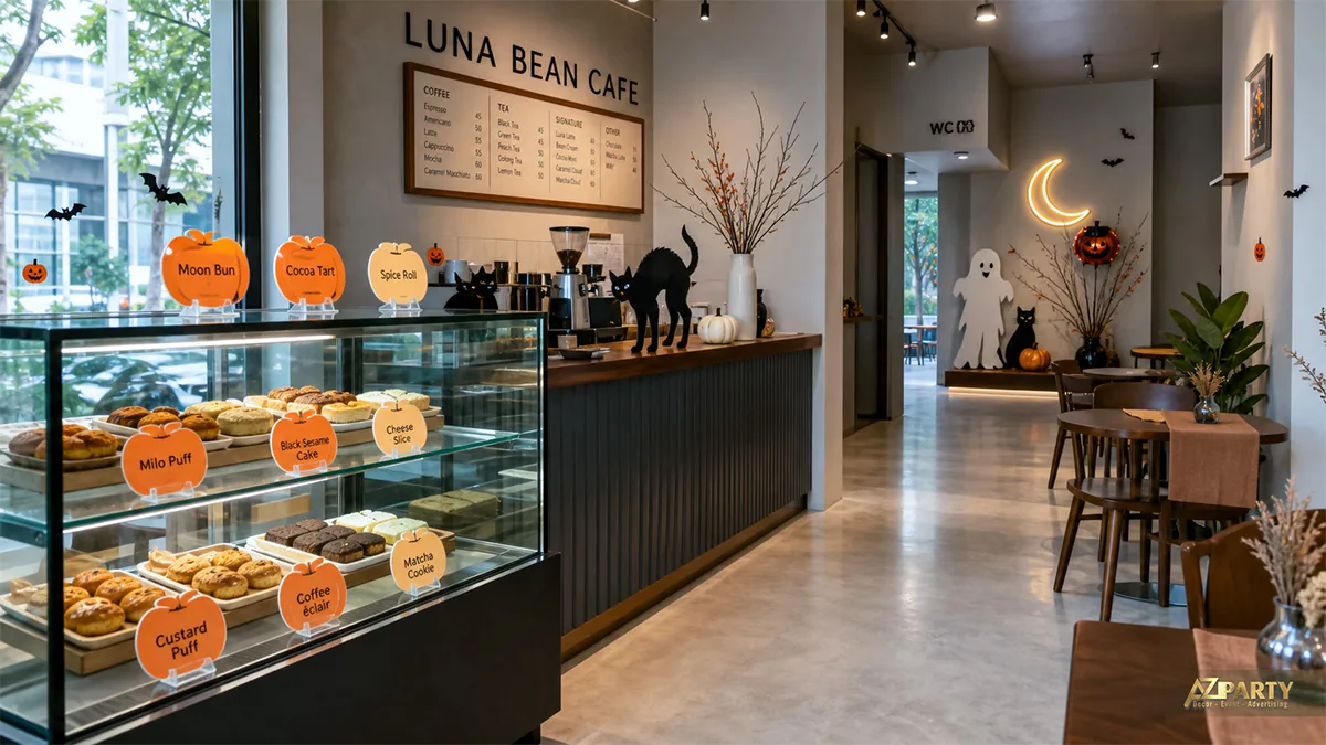 Quầy bánh Luna Bean Cafe trang trí bí ngô, mèo đen, ma trắng và đèn trăng khuyết