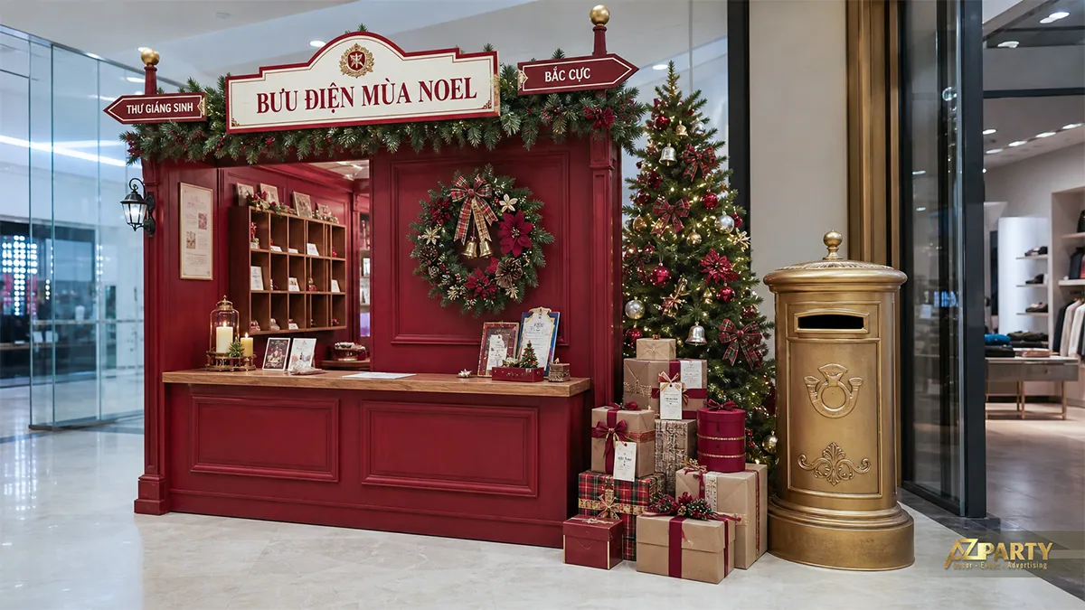 Quầy bưu điện Noel đỏ với hộp thư vàng, cây thông và quà tặng