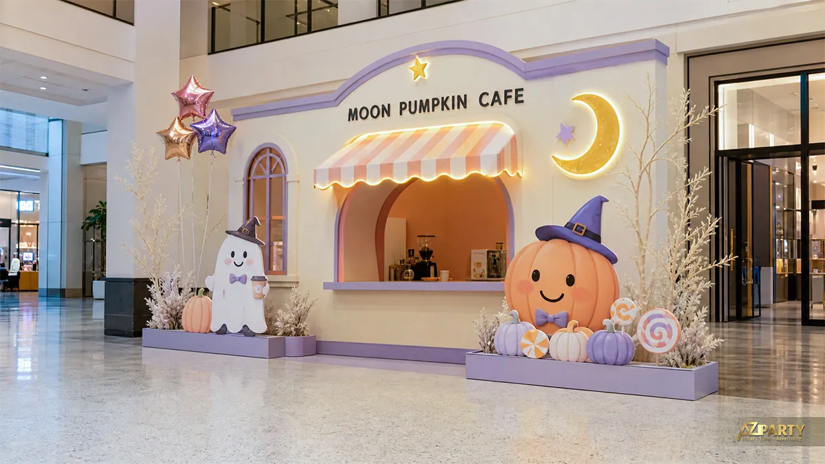Quầy cà phê Halloween pastel với bí ngô đội nón phù thủy, ma nhỏ và trăng sáng