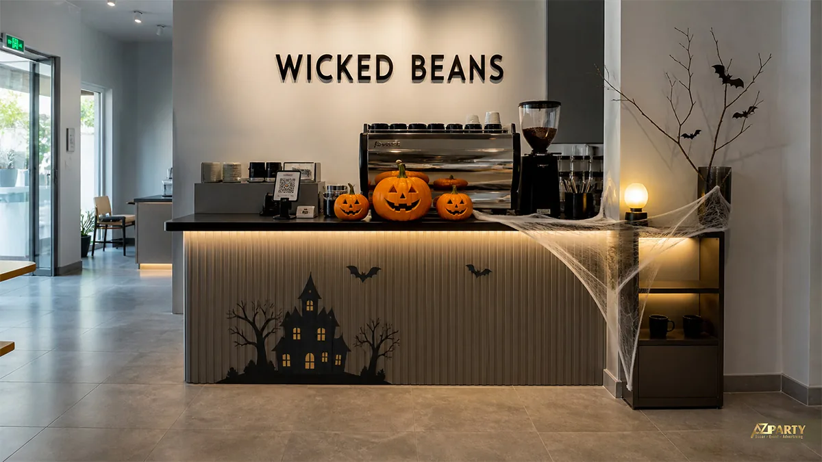 Quầy cà phê Halloween với bí ngô phát sáng, mạng nhện và hình lâu đài