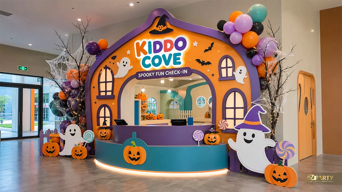 Quầy check-in ngôi nhà Halloween màu cam tím với ma, bí ngô và bóng bay