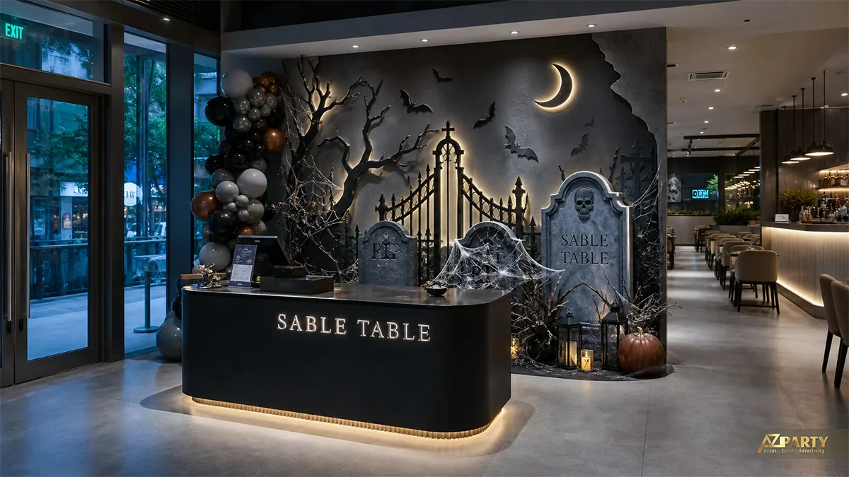 Quầy đón khách Sable Table trước tiểu cảnh nghĩa địa với bia mộ, cổng sắt và trăng khuyết