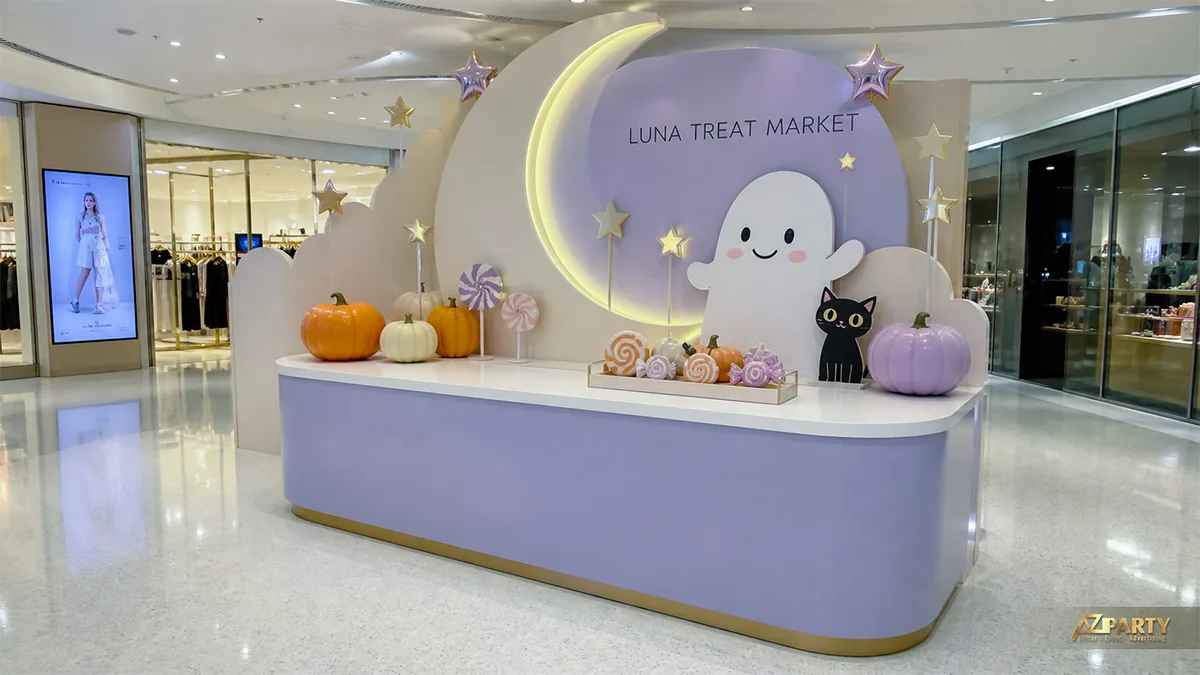 Quầy kẹo Halloween tại trung tâm thương mại với trăng khuyết, ma nhỏ và mèo đen