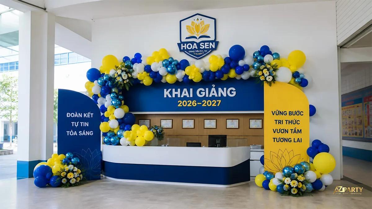 Quầy lễ tân trường Hoa Sen trang trí dải bóng xanh vàng trắng và hai bảng thông điệp