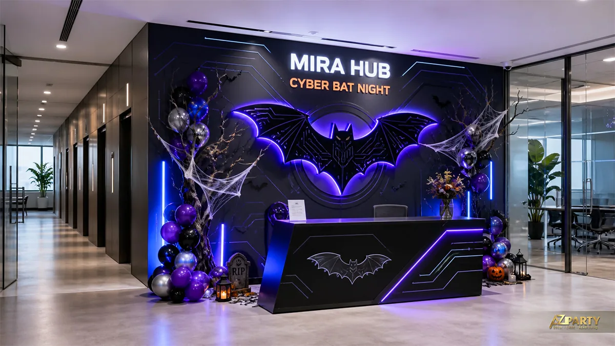 Quầy lễ tân Cyber Bat Night với biểu tượng dơi neon tím, bóng và mạng nhện