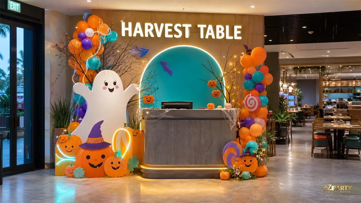 Quầy lễ tân nhà hàng Halloween với ma lớn, bóng cam tím, bí ngô và kẹo