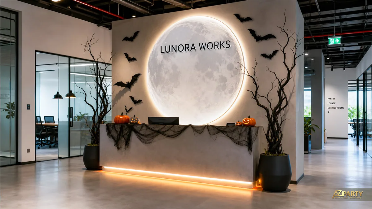 Quầy lễ tân văn phòng trang trí Halloween với trăng tròn lớn, dơi và cây khô