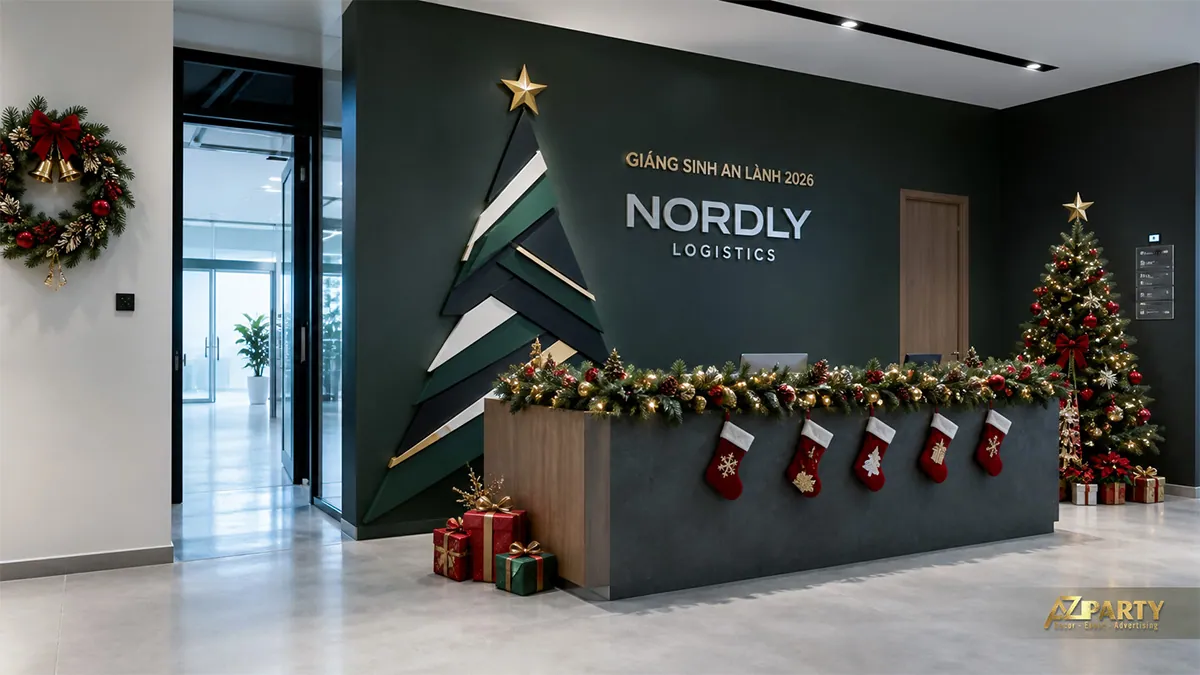Quầy lễ tân văn phòng với cây thông, tất Noel và dây thông xanh