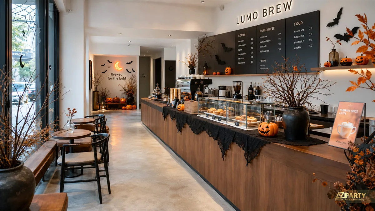 Quầy Lumo Brew với bí ngô, lá cam, vải đen và đèn trăng khuyết