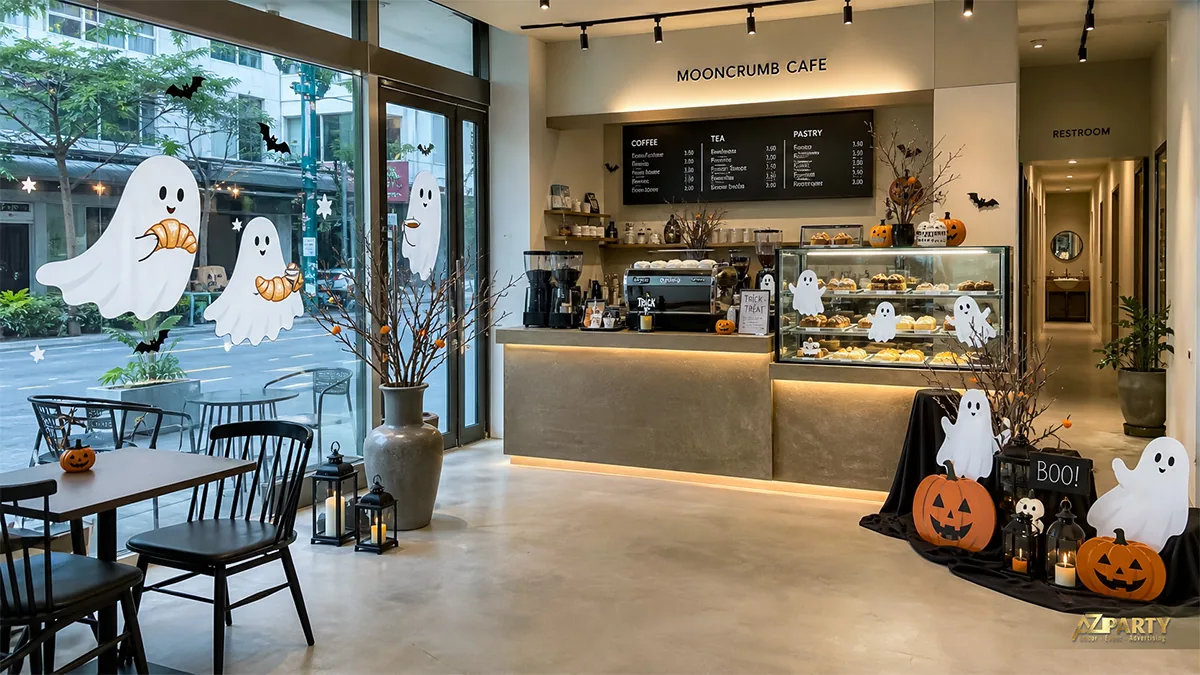 Quầy Mooncrumb Cafe với ma trắng cầm bánh, bí ngô, cành cây và đèn lồng