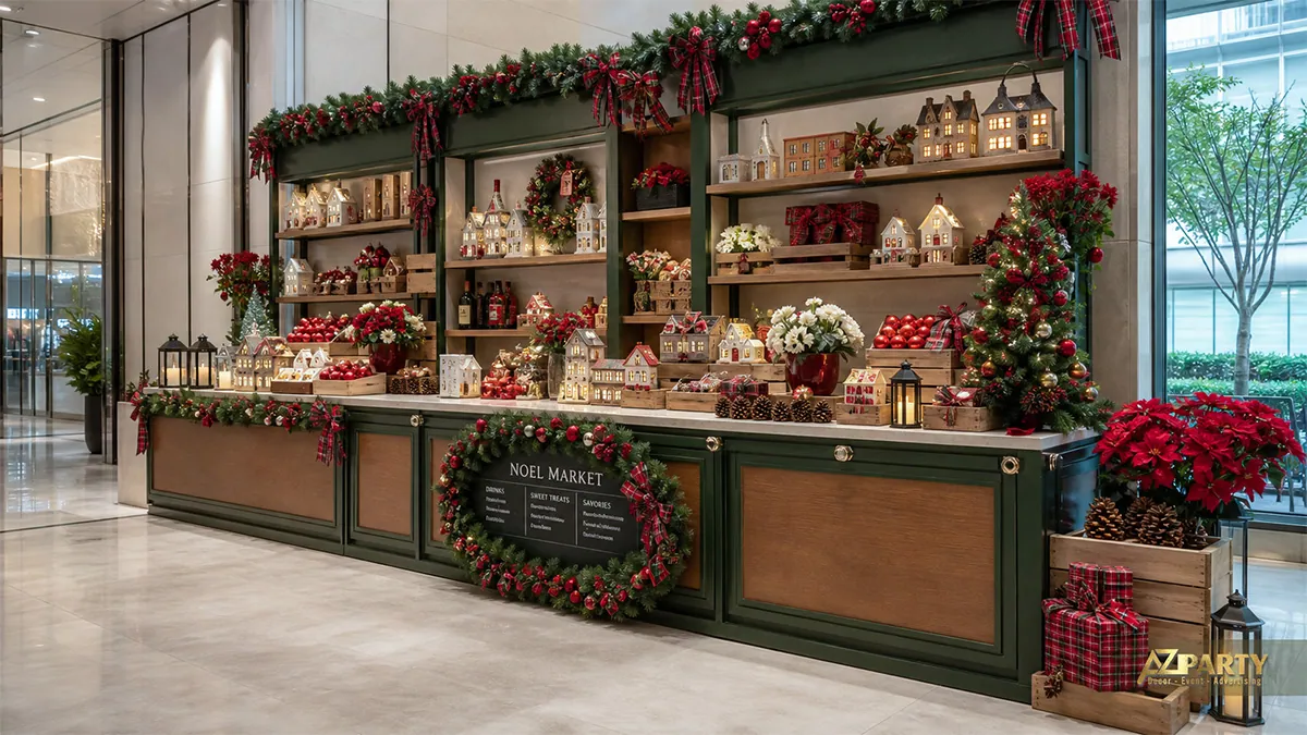 Quầy Noel Market với mô hình nhà gỗ, vòng nguyệt quế và quà tặng