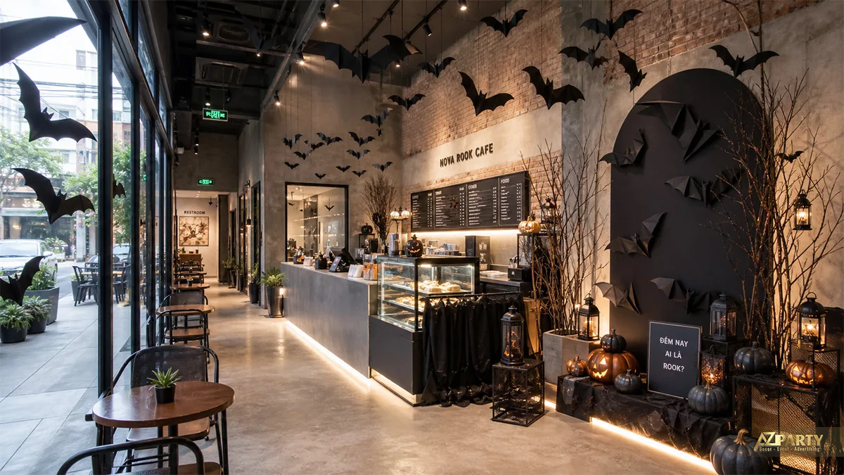Quầy Nova Rook Cafe trang trí đàn dơi, cành cây, bí ngô và đèn lồng