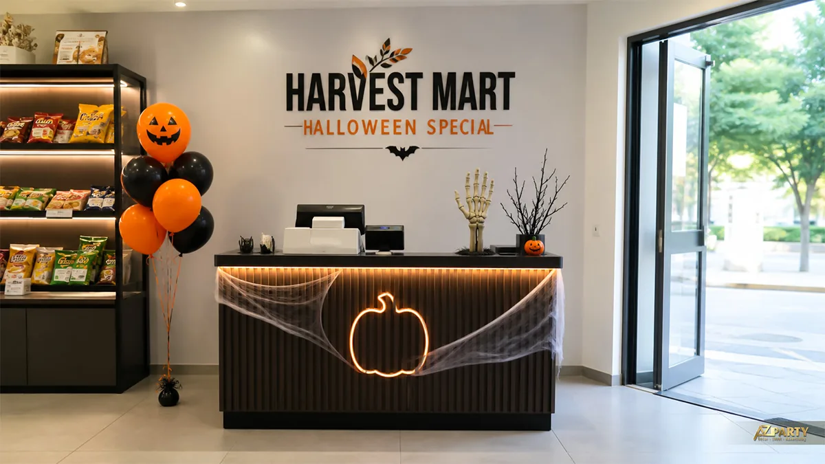 Quầy thu ngân Halloween trang trí bóng bay đen cam và bàn tay xương