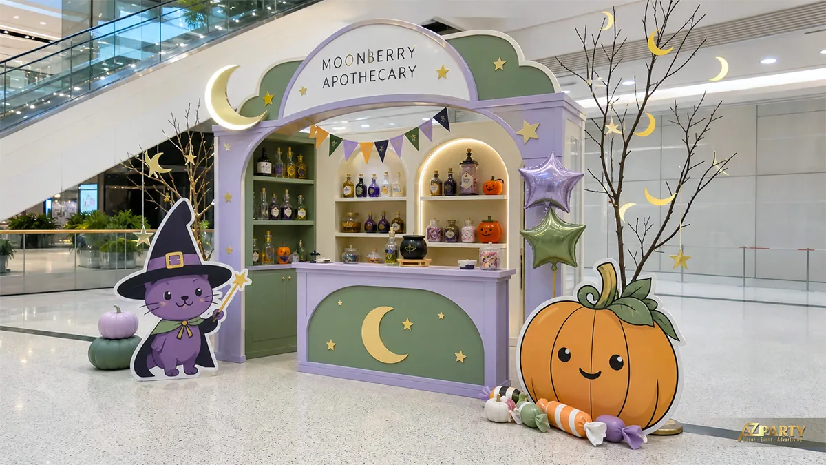 Quầy thuốc phép Halloween pastel với mèo phù thủy, bí ngô cười và chai màu sắc