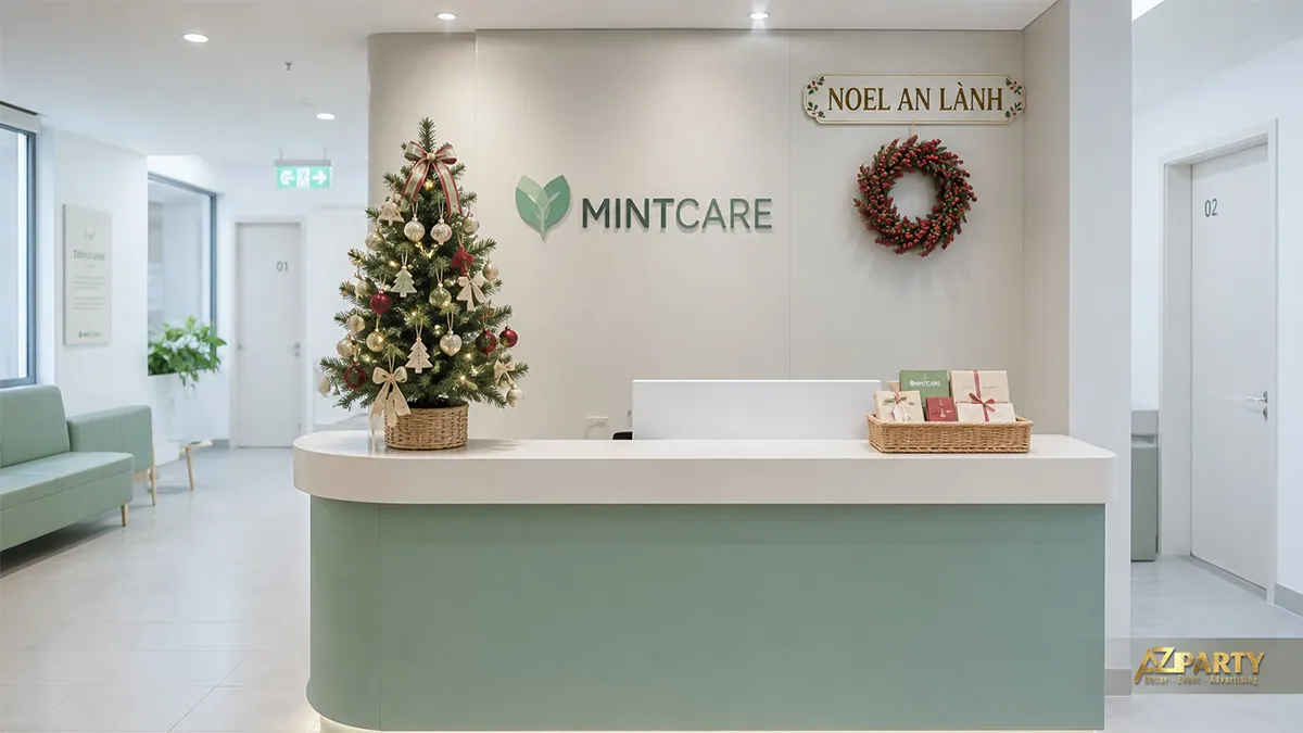 Quầy tiếp tân phòng khám với cây thông mini, vòng nguyệt quế và quà Noel